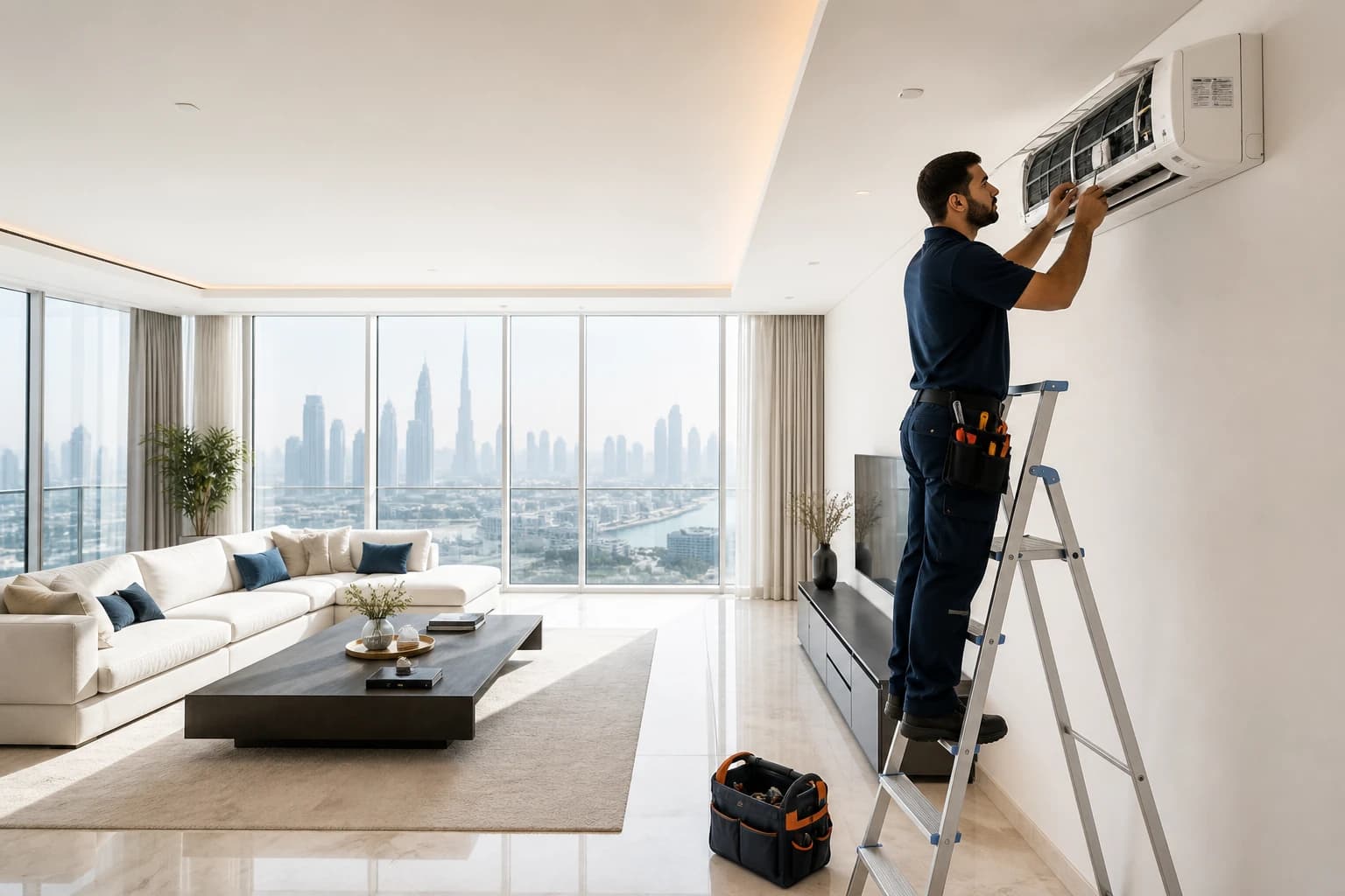 SAMAR HOMES technician servicing an air conditioning unit in a modern Dubai apartment