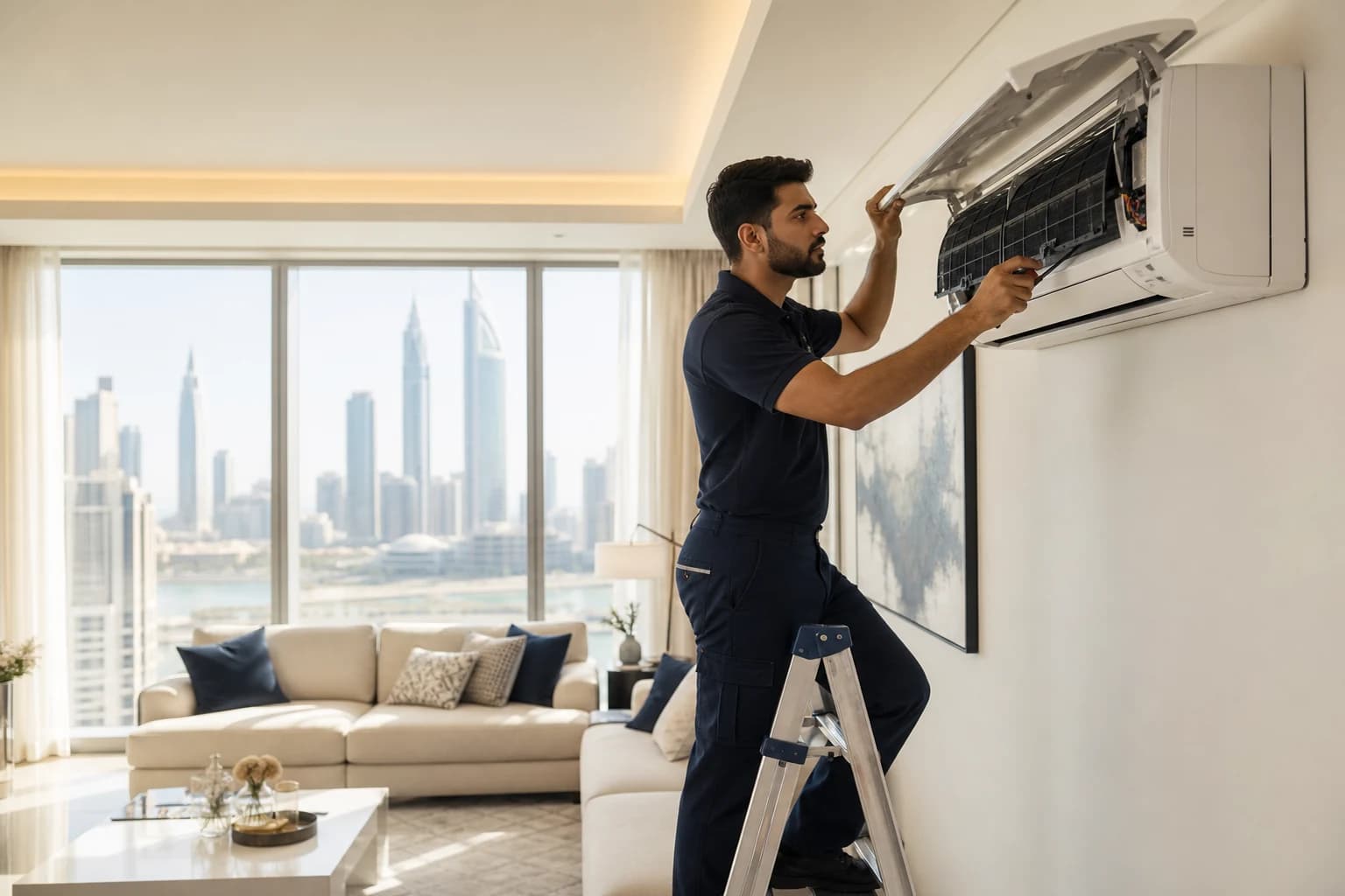 SAMAR HOMES technician servicing an air conditioning unit in a modern Dubai apartment