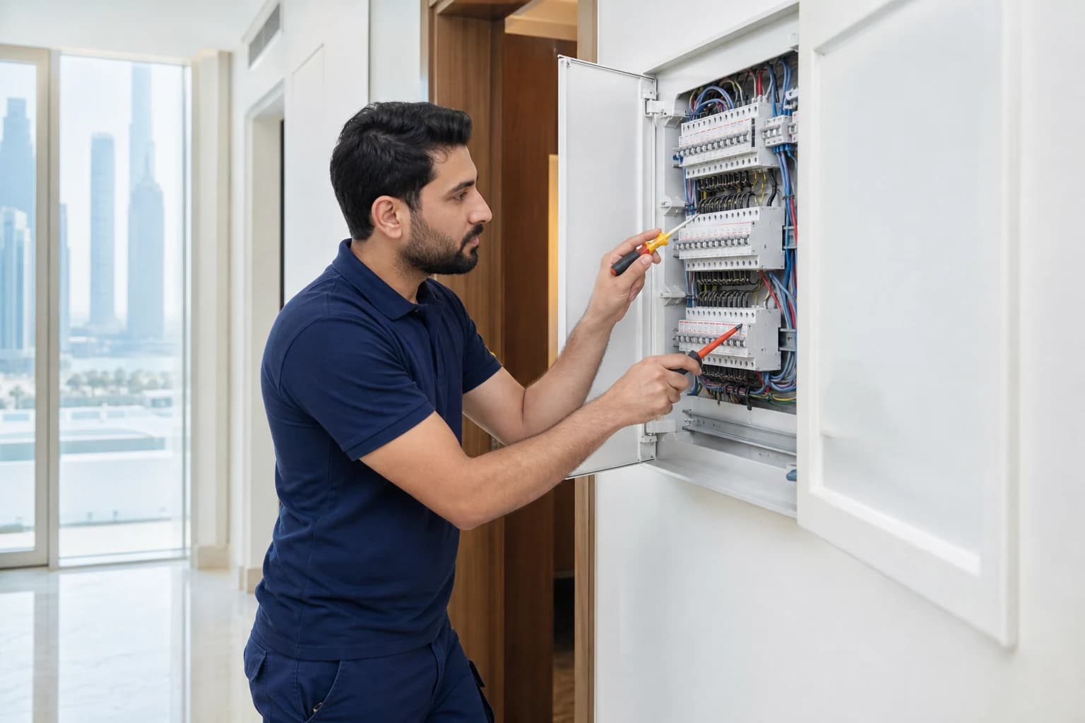 Professional electrician inspecting a residential electrical panel in a Dubai apartment