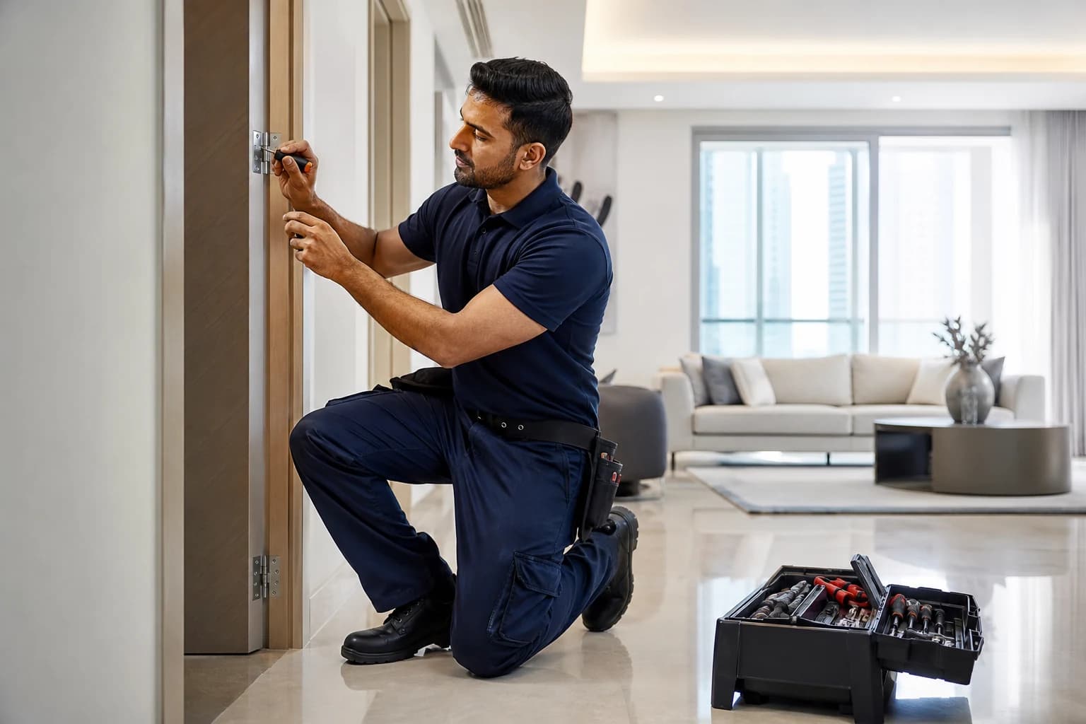 Professional technician carrying out a home repair in a Dubai apartment