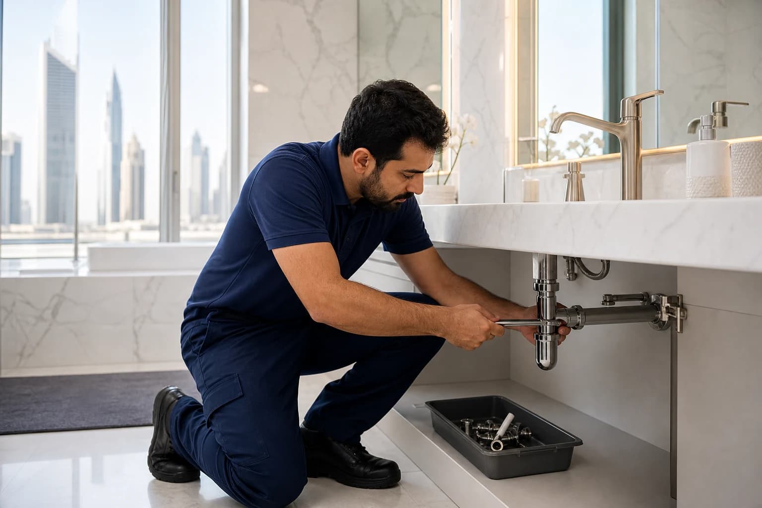 Professional plumber working on a residential plumbing system in Dubai