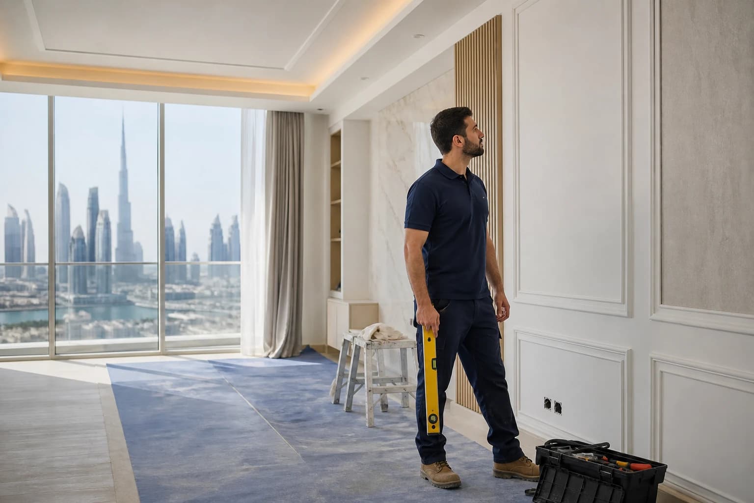 Professional renovation technician reviewing interior improvement work in a Dubai apartment